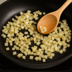 Diced onions sautéing in a pan as the base for the Creamy Cajun Chicken Orzo.