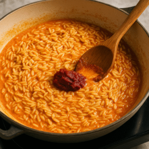Orzo toasting in tomato paste inside a skillet while preparing the creamy Cajun chicken orzo sauce.