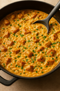 Creamy Cajun chicken orzo thickening in the pan with tender chicken pieces and fresh parsley.