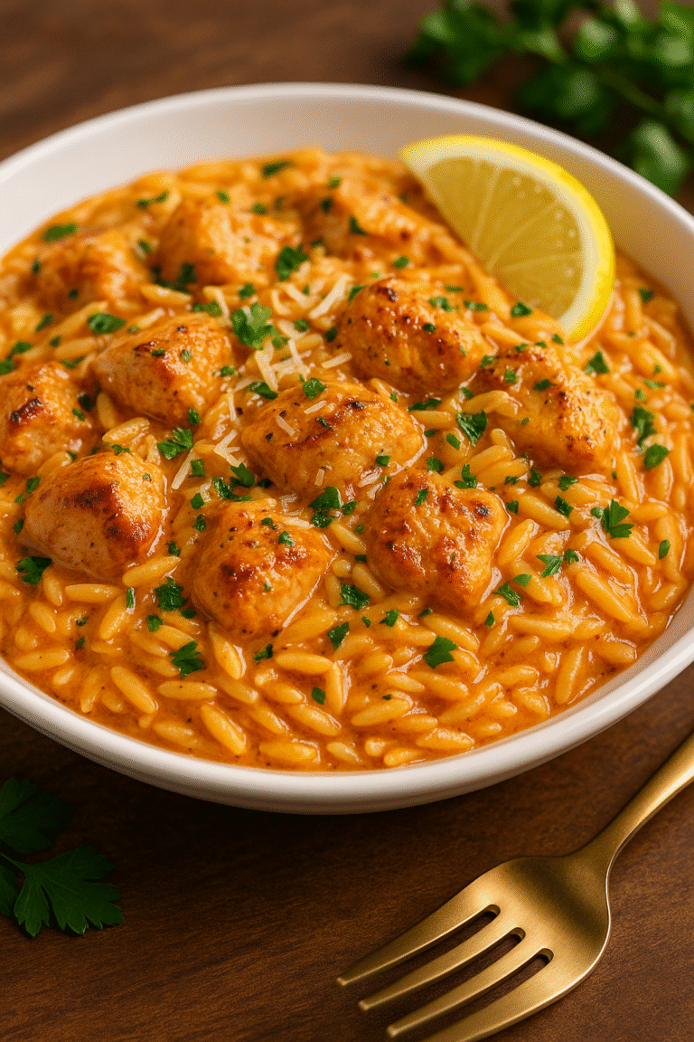 Bowl of creamy Cajun chicken orzo topped with golden chicken, Parmesan, fresh parsley, and a lemon wedge.