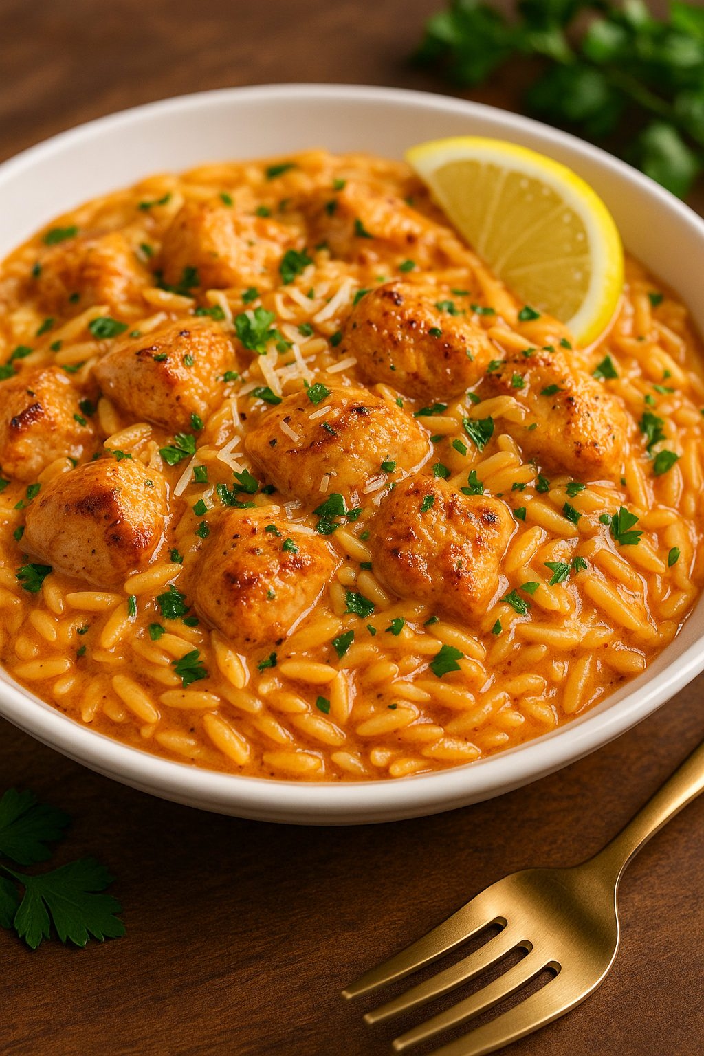 Bowl of creamy Cajun chicken orzo topped with golden chicken, Parmesan, fresh parsley, and a lemon wedge.