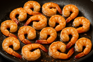Shrimp being seared in a skillet for the creamy Tuscan shrimp orzo recipe.