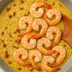 Cooked shrimp added into the creamy orzo sauce while finishing the creamy Tuscan shrimp orzo dish.