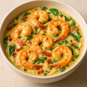 A bowl of creamy Tuscan shrimp orzo with spinach, sun-dried tomatoes, and sautéed shrimp on top.