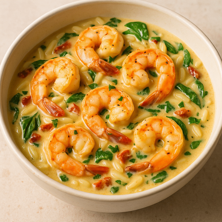 A bowl of creamy Tuscan shrimp orzo with spinach, sun-dried tomatoes, and sautéed shrimp on top.