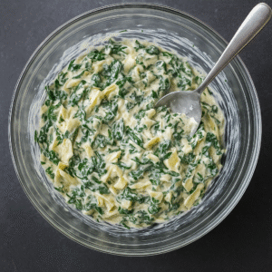 Sautéed spinach and artichokes in a skillet — Baked Spinach Artichoke Chicken filling