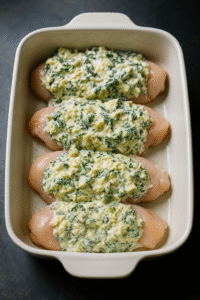 Creamy spinach artichoke mixture being combined in a bowl — Baked Spinach Artichoke Chicken mixture