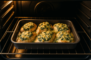 Spinach artichoke chicken baking in the oven — Baked Spinach Artichoke Chicken