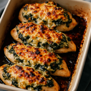 Melted mozzarella topping on baked chicken — Baked Spinach Artichoke Chicken finishing