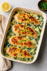 Plated Baked Spinach Artichoke Chicken served with fresh herbs
