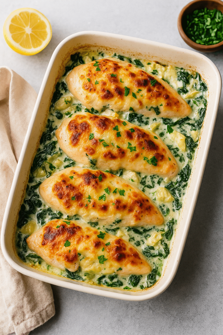 Plated Baked Spinach Artichoke Chicken served with fresh herbs