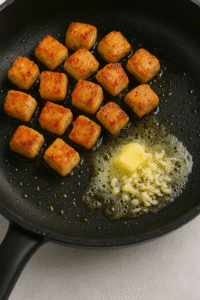 Butter and minced garlic melting next to seared chicken for creamy garlic parmesan chicken bites