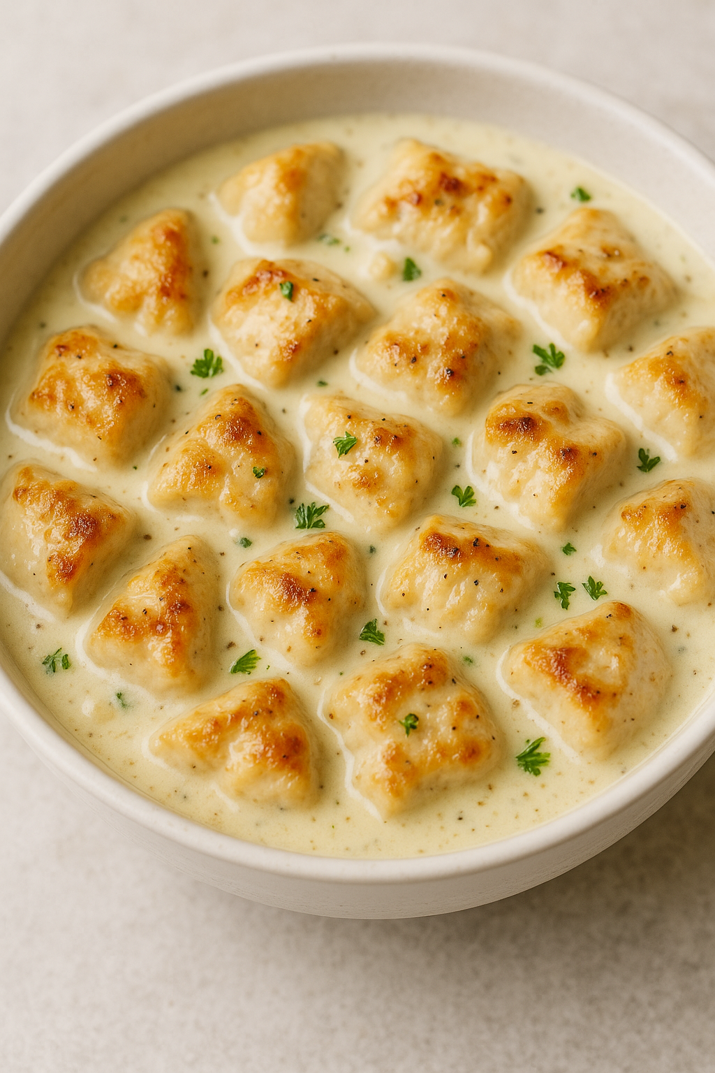 Finished creamy garlic parmesan chicken bites in a rich garlic parmesan sauce with parsley
