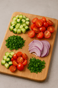 Fresh chopped Mediterranean vegetables for Mediterranean chicken bowls meal prep