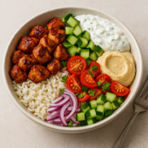 Assembling Mediterranean chicken bowls with chicken, veggies, hummus and tzatziki