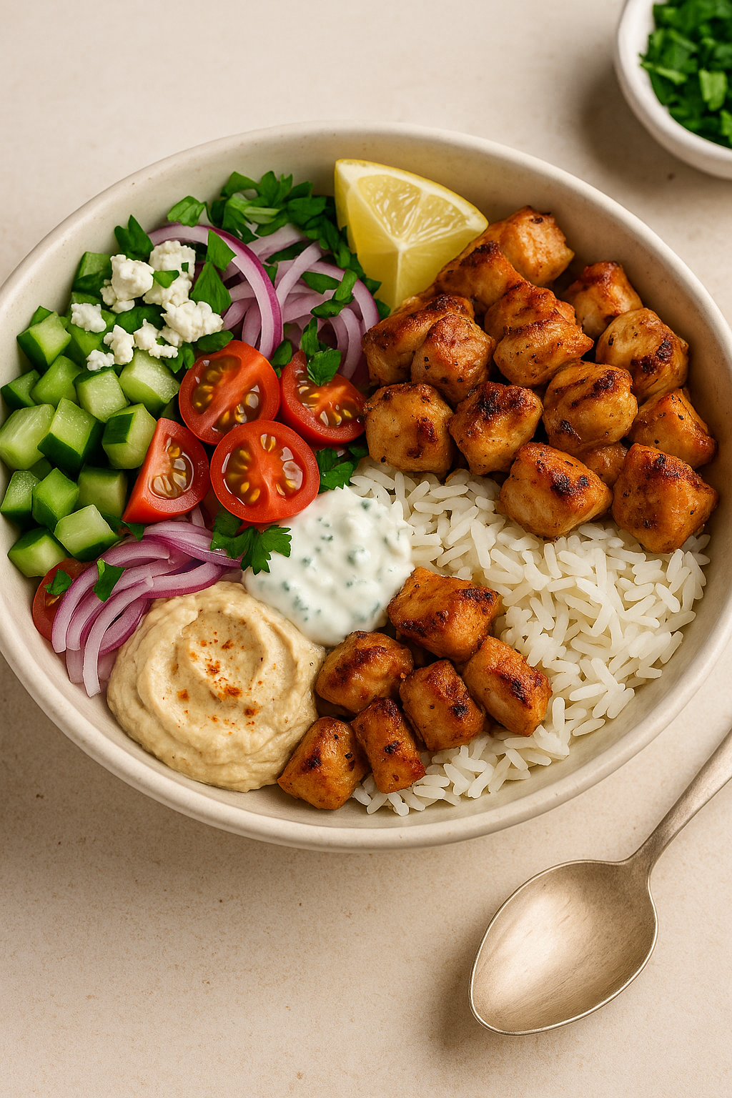 Finished Mediterranean chicken bowls with chicken, hummus, tzatziki and veggies