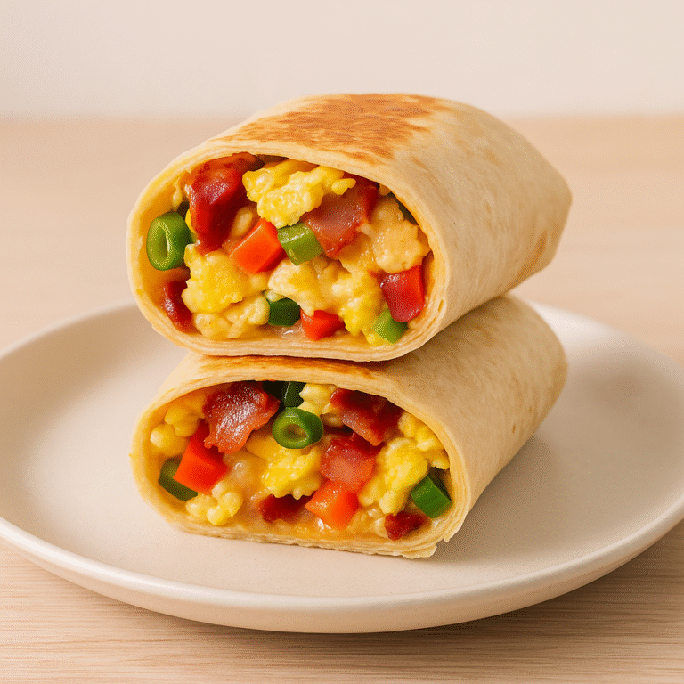 Homemade Breakfast Burrito cut in half and served with salsa and avocado