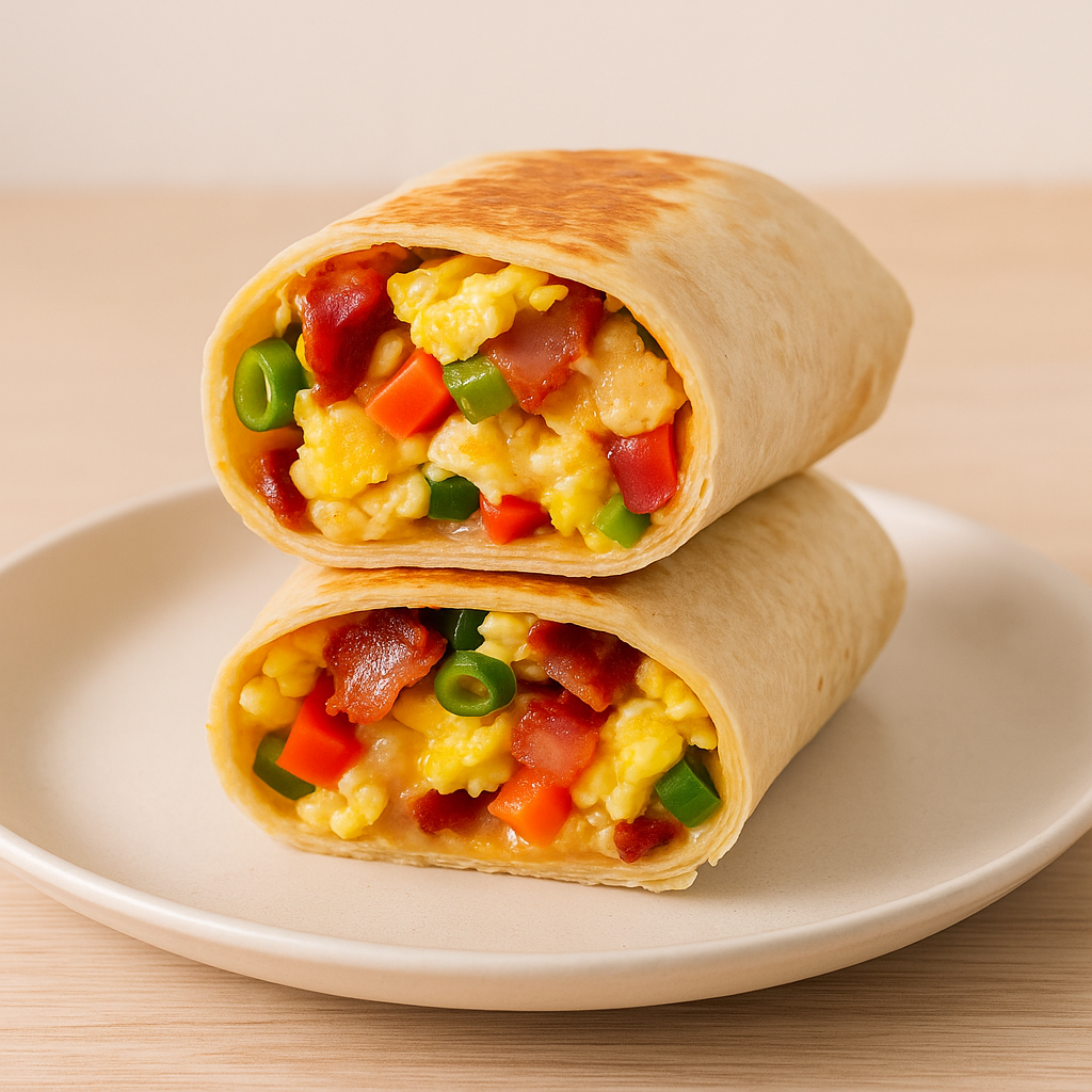 Homemade Breakfast Burrito cut in half and served with salsa and avocado