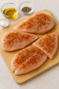 Raw chicken breast seasoned with Mediterranean spices for baked feta chicken.