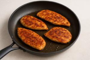 Chicken breasts lightly seared in a pan before baking for baked feta chicken.
