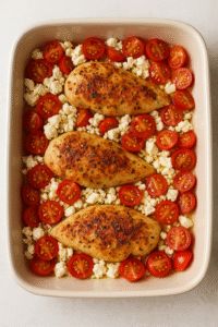 Baking dish with chicken, crumbled feta, cherry tomatoes, and garlic prepared for baked feta chicken.