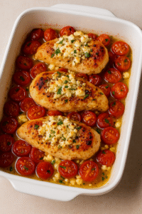 Juicy baked feta chicken with melted feta and roasted tomatoes straight out of the oven.