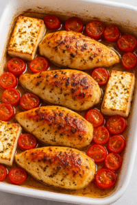 Baked feta chicken with golden, crispy feta after broiling.