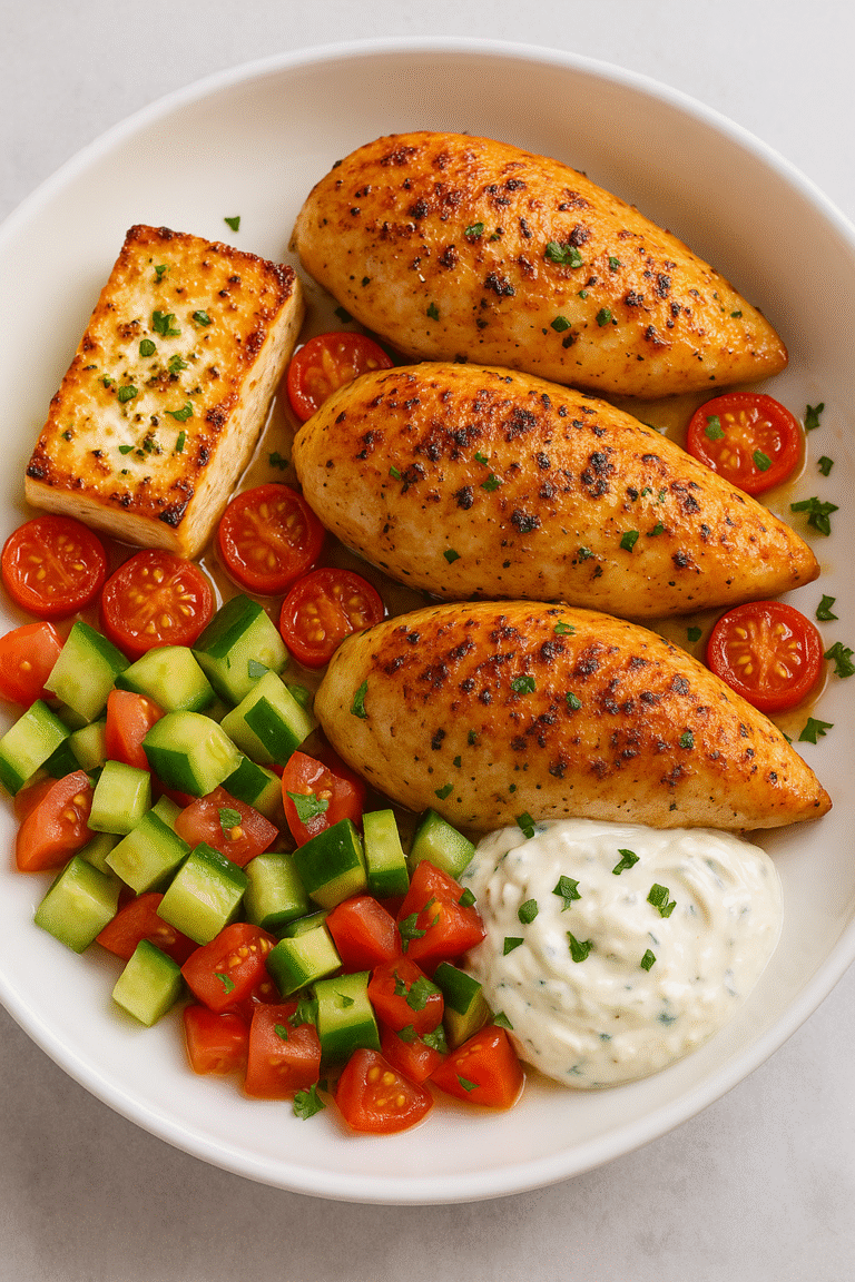 Plated baked feta chicken topped with basil, feta, and roasted tomatoes, Mediterranean style.