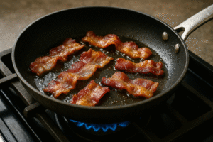 Crispy bacon frying in a pan on the stove for breakfast quesadilla filling