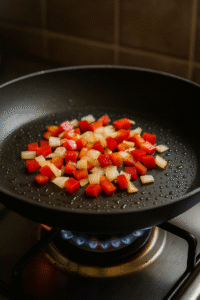 Chopped onion and red bell pepper being sautéed for breakfast quesadilla recipe