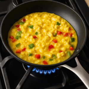 Scrambled eggs cooking in a pan with vegetables for breakfast quesadilla