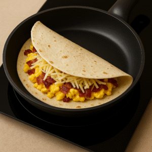 Assembling the Breakfast Quesadilla with scrambled eggs, bacon, and melted cheese between two tortillas in a pan.