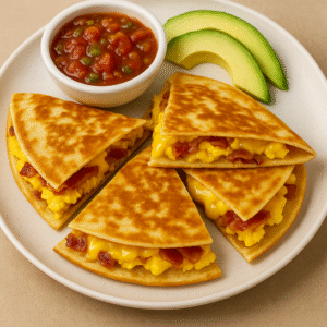Crispy golden Breakfast Quesadilla cut into quarters and served with salsa and avocado on a plate.
