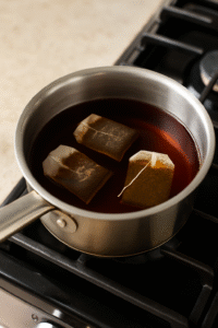 Black tea bags steeping in hot water for homemade peach iced tea.