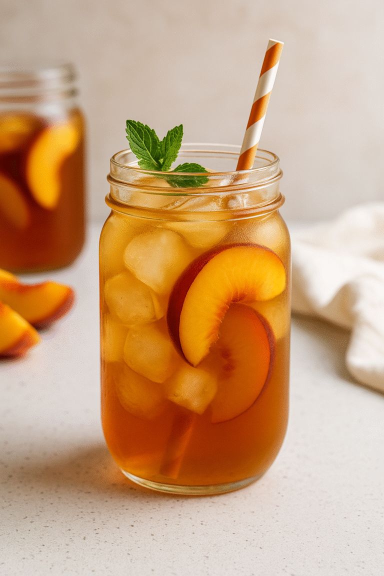 Serving peach iced tea with ice cubes, peach slices, and mint leaves in a glass.