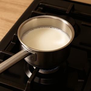 Heating milk in a saucepan on the stove to prepare hot chocolate.