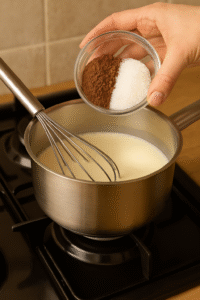 Adding cocoa powder and sugar into warm milk for creamy hot chocolate.