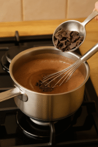 Melting dark chocolate pieces in a saucepan while making homemade hot chocolate.