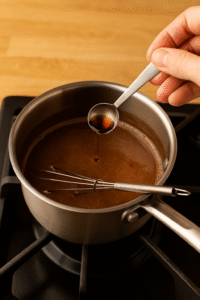 Pouring vanilla extract into a saucepan of rich hot chocolate.