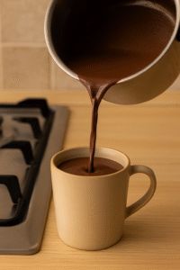 Pouring creamy hot chocolate from a saucepan into a ceramic mug.