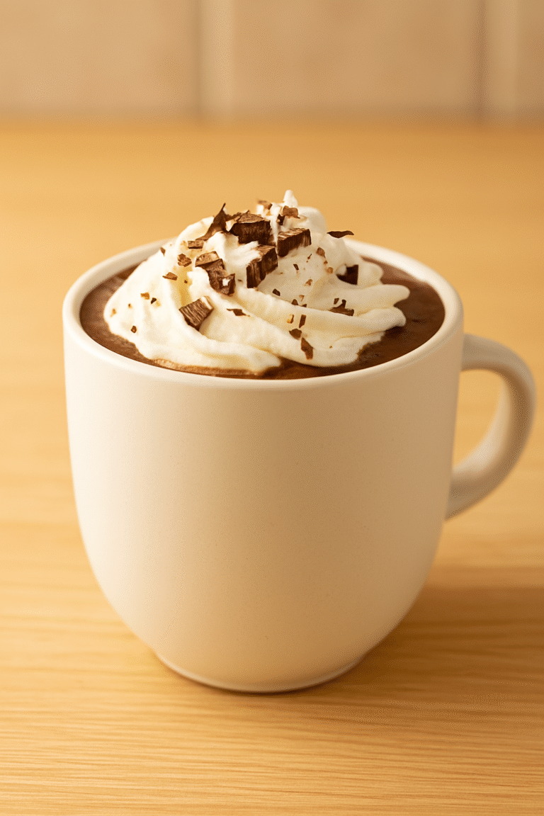 Cup of hot chocolate topped with whipped cream and chocolate shavings on a wooden table.