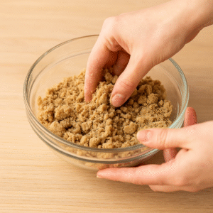 Mixing flour, butter, and sugar by hand to create the topping for apple crumble.