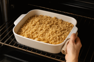 Sprinkling crumbly topping over sliced apples in a baking dish for apple crumble.