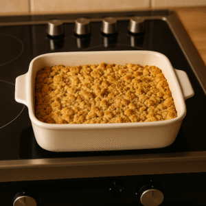 Apple crumble baking in the oven until golden and bubbling.