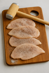 Chicken Marsala Recipe – preparing chicken breasts dredged in flour, salt, and pepper on a wooden cutting board.