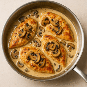 Chicken Marsala Recipe – simmering chicken and mushrooms in creamy Marsala wine sauce in a stainless steel pan.