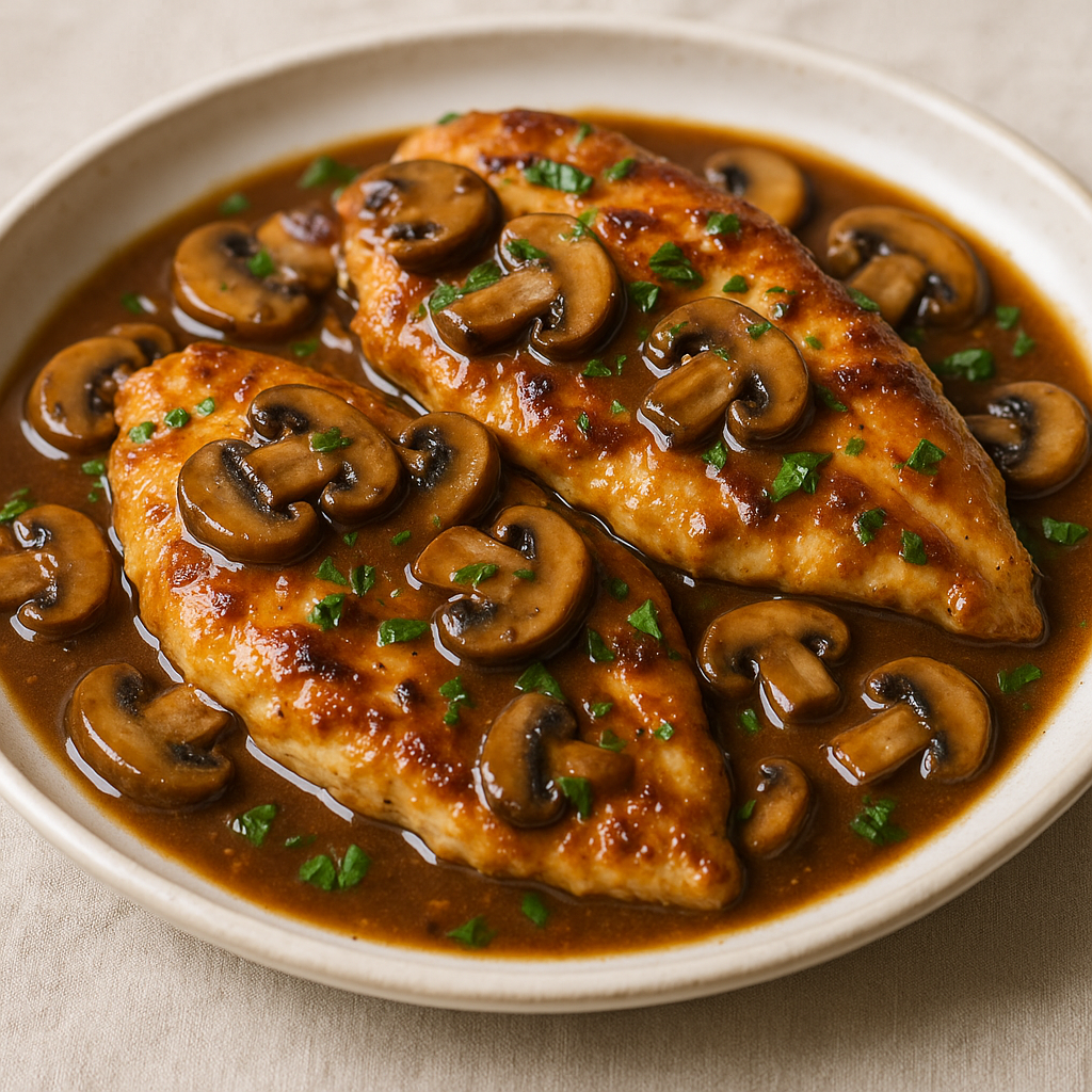Chicken Marsala Recipe – plated final dish with creamy Marsala wine sauce, mushrooms, and parsley garnish.