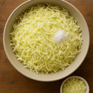 Varză călită cu ciolan afumat – shredded fresh cabbage with salt and chopped onions prepared for cooking.