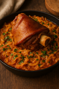 Varză călită cu ciolan afumat – golden, caramelized cabbage and smoked pork hock simmering together until tender and richly colored.