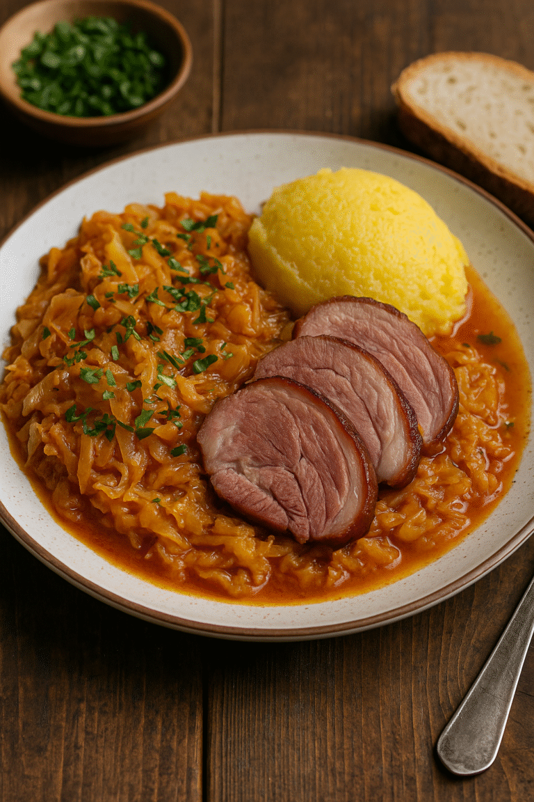 Varză călită cu ciolan afumat – sliced smoked pork hock served over braised cabbage with creamy polenta on a rustic plate.